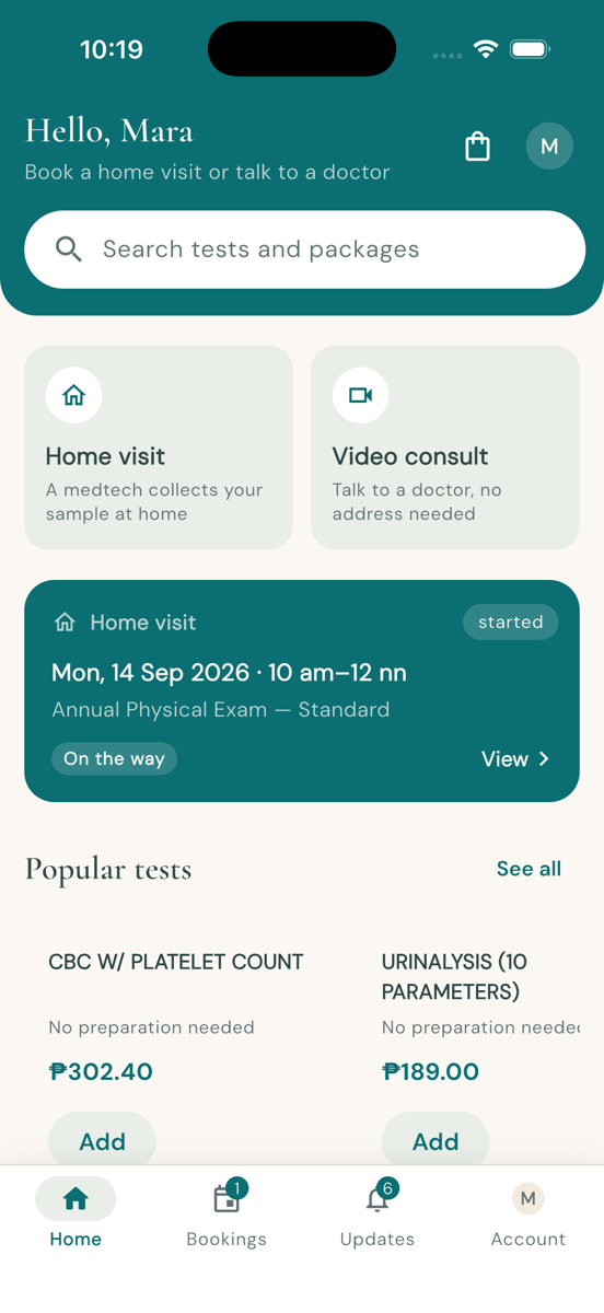 The app's home screen: a greeting, buttons to book a home visit or a video consult, the next visit, and popular tests with their prices.