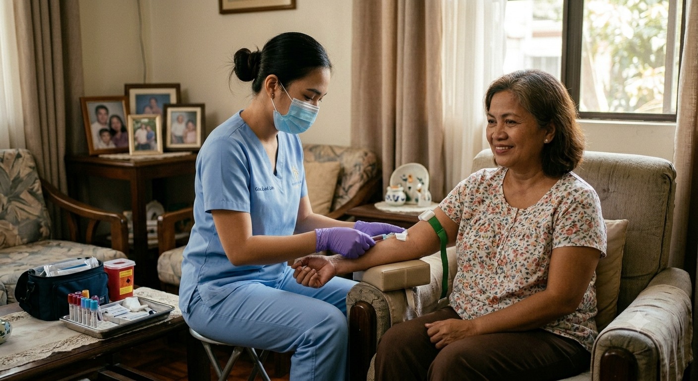 A licensed nurse drawing a blood sample from an elderly woman during a home visit